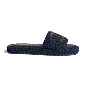 Chanel 21C Navy Blue Cord Gold Chain CC Logo Mule Slide Slip On Sandal Flat 35